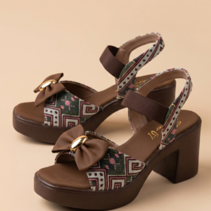 Mocha Brown Printed Bow Block Heel Sandals
