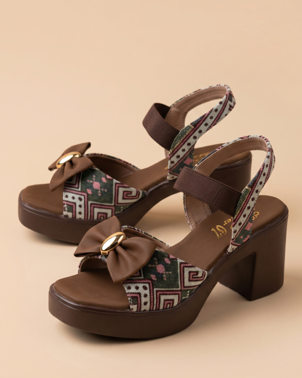 Mocha Brown Printed Bow Block Heel Sandals