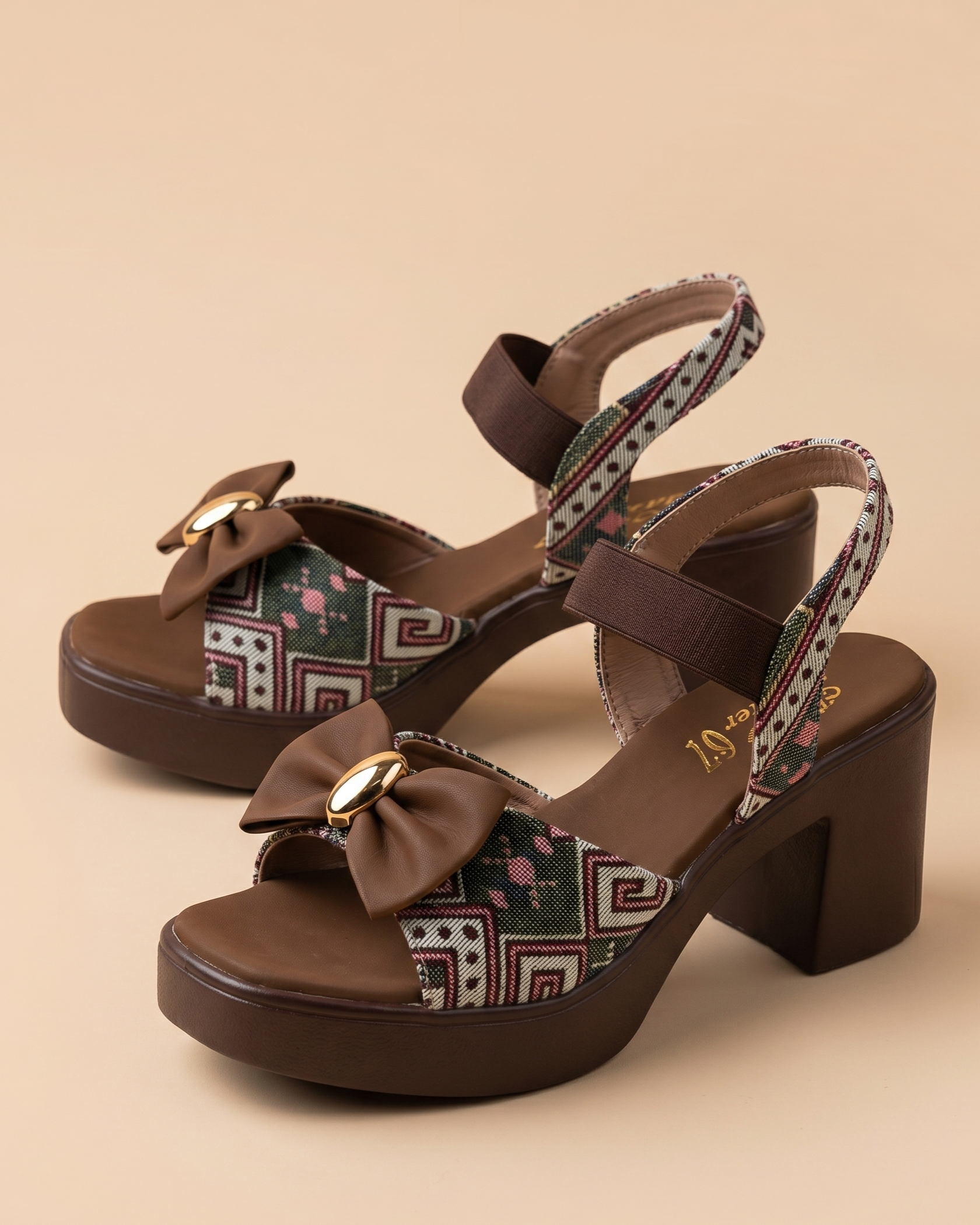 Mocha Brown Printed Bow Block Heel Sandals