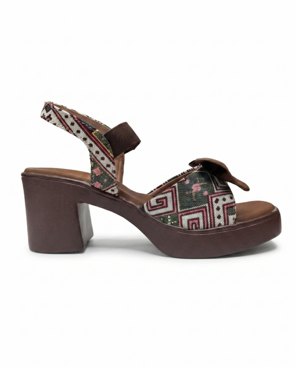 Mocha Brown Printed Bow Block Heel Sandals